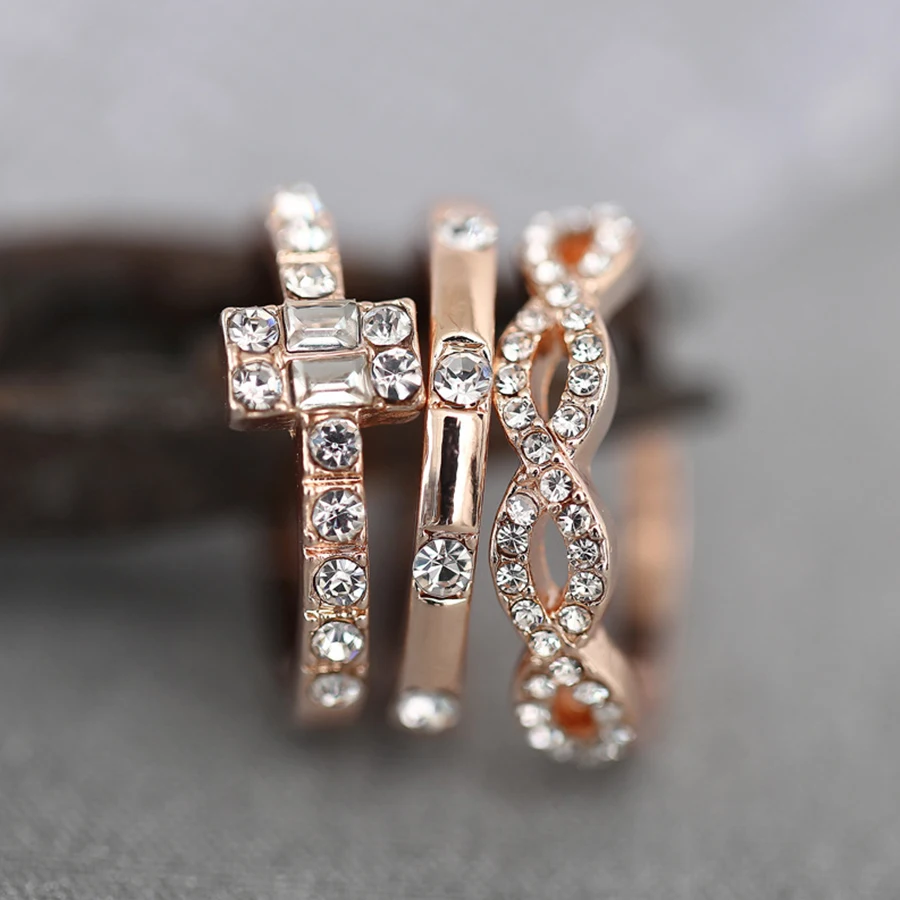 ZVZO 3Pcs/Set Fashion Girls Engagement Wedding Rings Female Party Jewelry Geometry Intersect Crystal Set For Women Gifts | Украшения и
