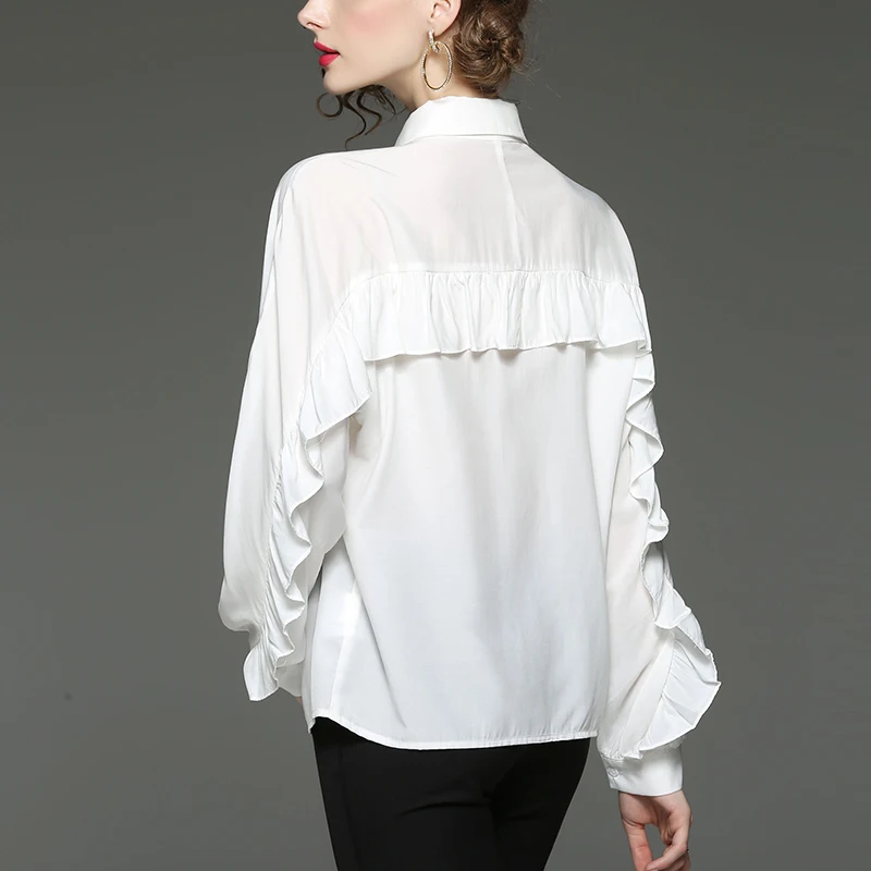 Новое поступление свободная белая рубашка Женская мода гофрированный дизайн с