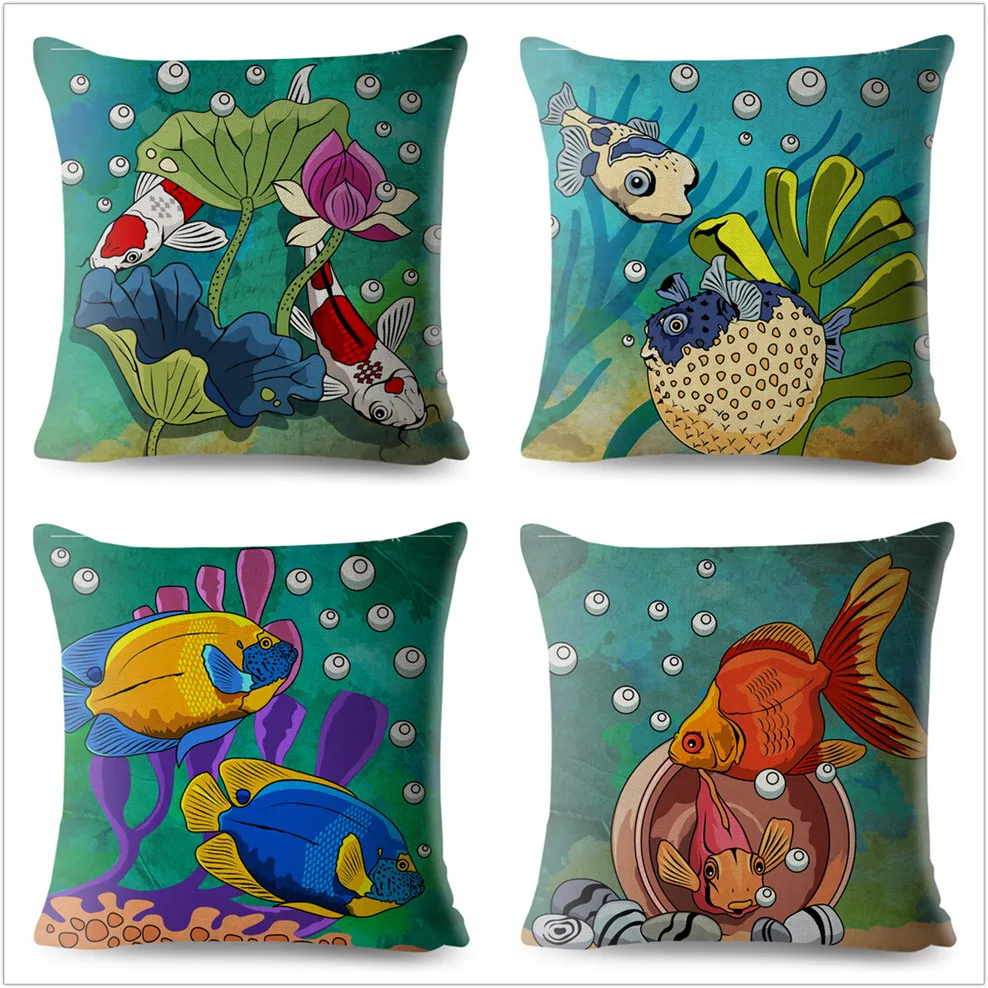 Симпатичный красочный чехол для подушки с рисунком морской рыбы бежевая льняная