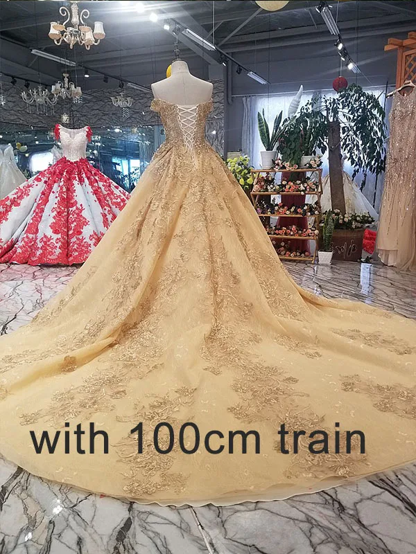 LS65740 золотистые цветы красивое платье быстрой доставки от фарфора от плеча возлюбленной зашнуровать вверх назад a-line дешевое вечернее платье - Цвет: with 100cm train