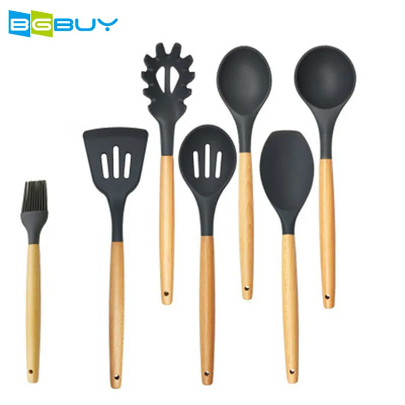 Silicone Cooking Utensils 9 Piece with Bamboo Wood Handles Nonstick Cookware Set | Дом и сад
