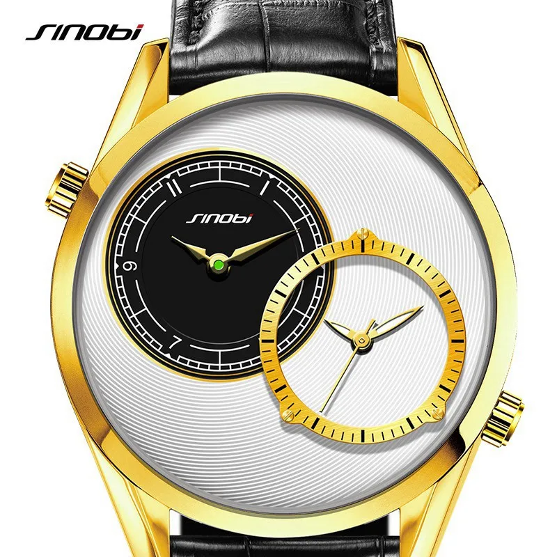 Sinobi Роскошные Брендовые мужские золотые часы с кожаным ремешком Двойные