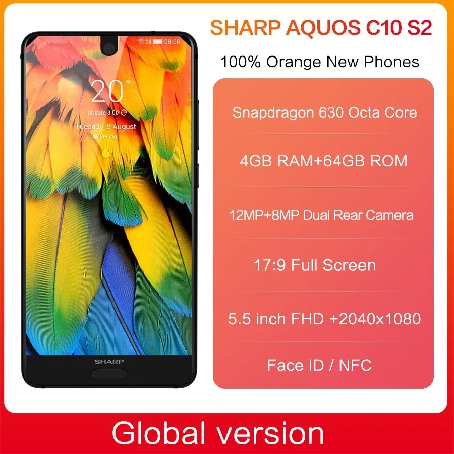 SHARP AQUOS S2 C10 мобильный телефон Android 8,0 4G смартфон 5,5 дюймов FHD+ Snapdragon 630 Восьмиядерный телефон 4 Гб+ 64 ГБ NFC мобильный телефон