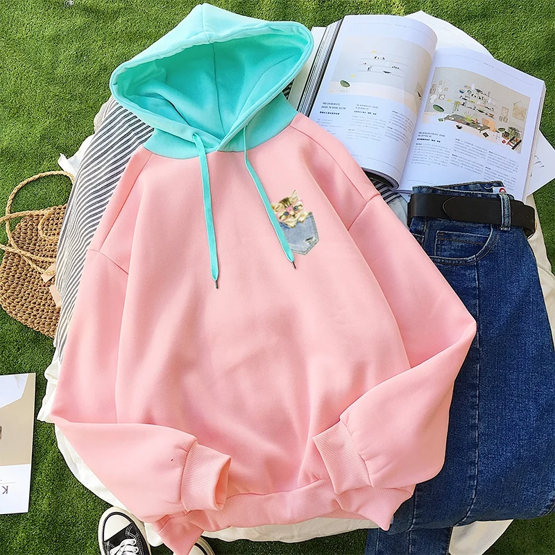 

Sudaderas Mujer New Sweatshirt Women Kawaii Cartoon Funny Pocket Cat Print Fleece Patchwork Hoodies Harajuku Korean Clothes Coat