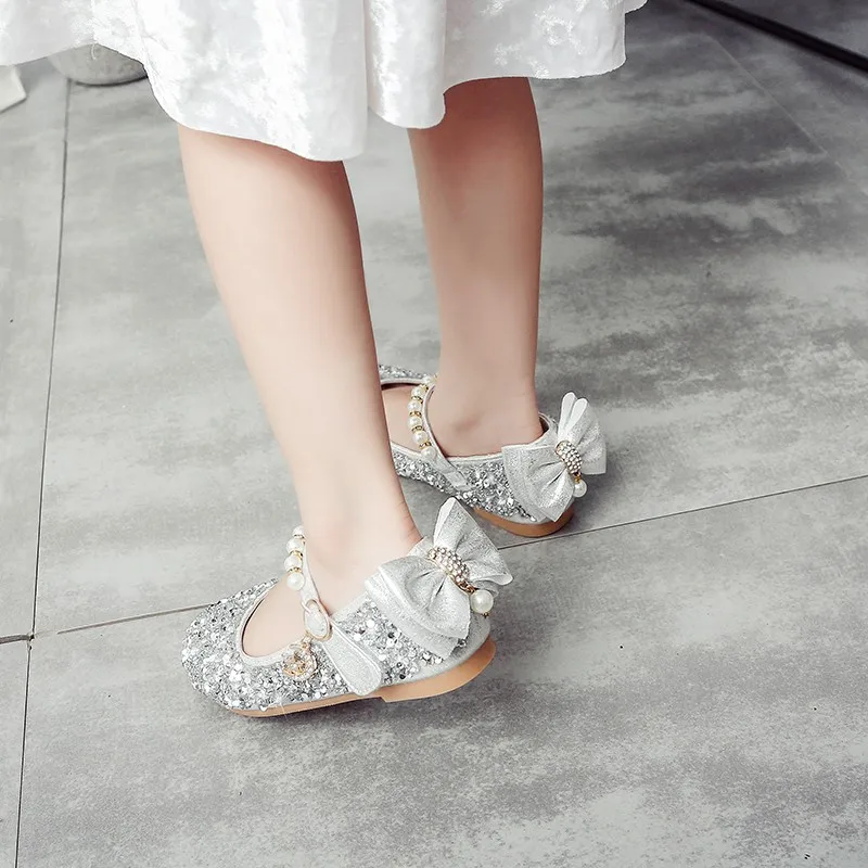 

2019 New Children's Shoes For Girls Sequined Leather Shoes Casual Girl Fashion Bow Student Princess Crystal Flat Shoes Dance