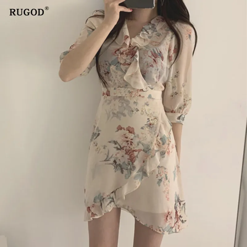 RUGOD Новое Платье женское с необычным цветочным принтом Летнее мини-платье с оборками v-образным вырезом талии тонкое корейское платье