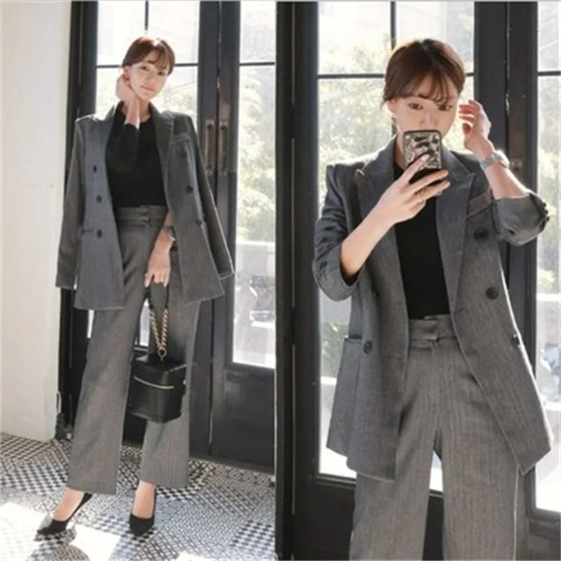 Gray women pant suits formal new wild chic fashion temperament slim suit jacket wide leg pants professional suit TB190522