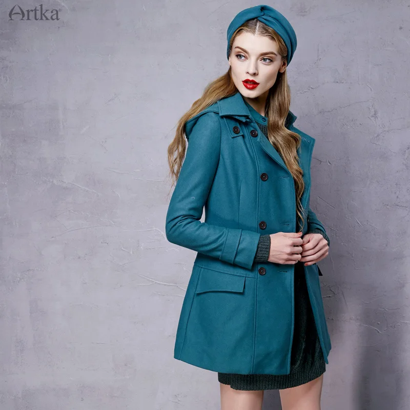 Распродажа ARTKA 2018 однотонное зимнее винтажное двубортное пальто из 50% шерсти с