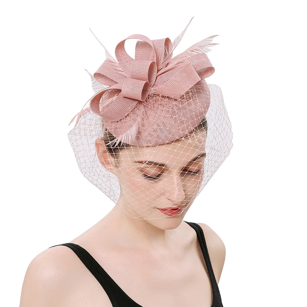 Pink Pillbox Hat FS вуаль шляпа-таблетка дамы украшение на голову с перьями Свадебные платья головная повязка элегантные женские церковные шляпы заколки для волос - Цвет: Pink Pillbox Hat