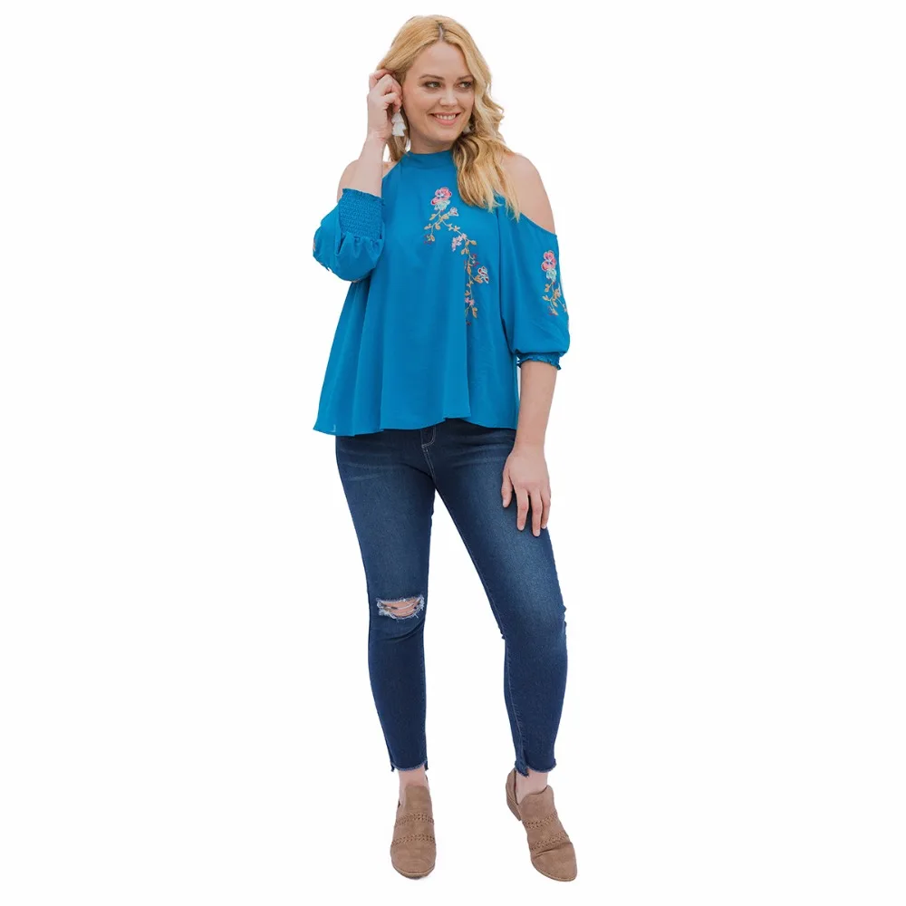 Chiffon Women Blouse Off Shoulder Half Sleeve Flower Embroidery Summer Shirts Casual Ladies Blusas Top TO0323 |