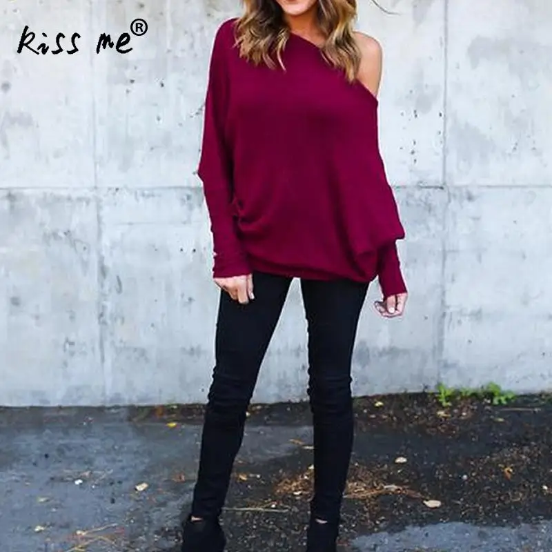 Cheaper Women Knitted Sweater New Autumn Winter Tops Long Batwing Sleeve Knit Off Shoulder Jumper Pullovers XL Solid | Женская одежда