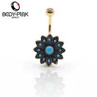 body punk navel belly button ring flower 316l stainless steel belly bar barbell piercing body jewelry nr 029