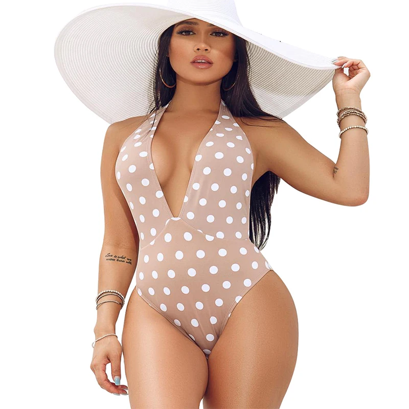 

Wantmove 2019 new summer women swim bodysuit sexy dot print hanging neck deep v-neck open back beach women swim bodysuit WM784