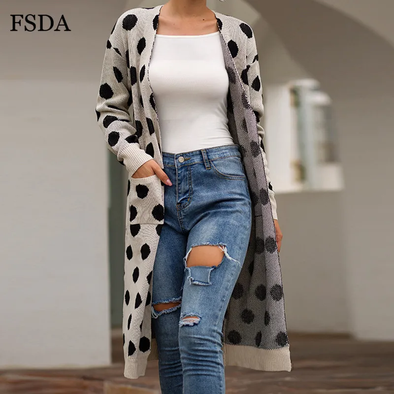 FSDA длинный кардиган в горошек с карманами вязаный свитер куртка на осень и зиму