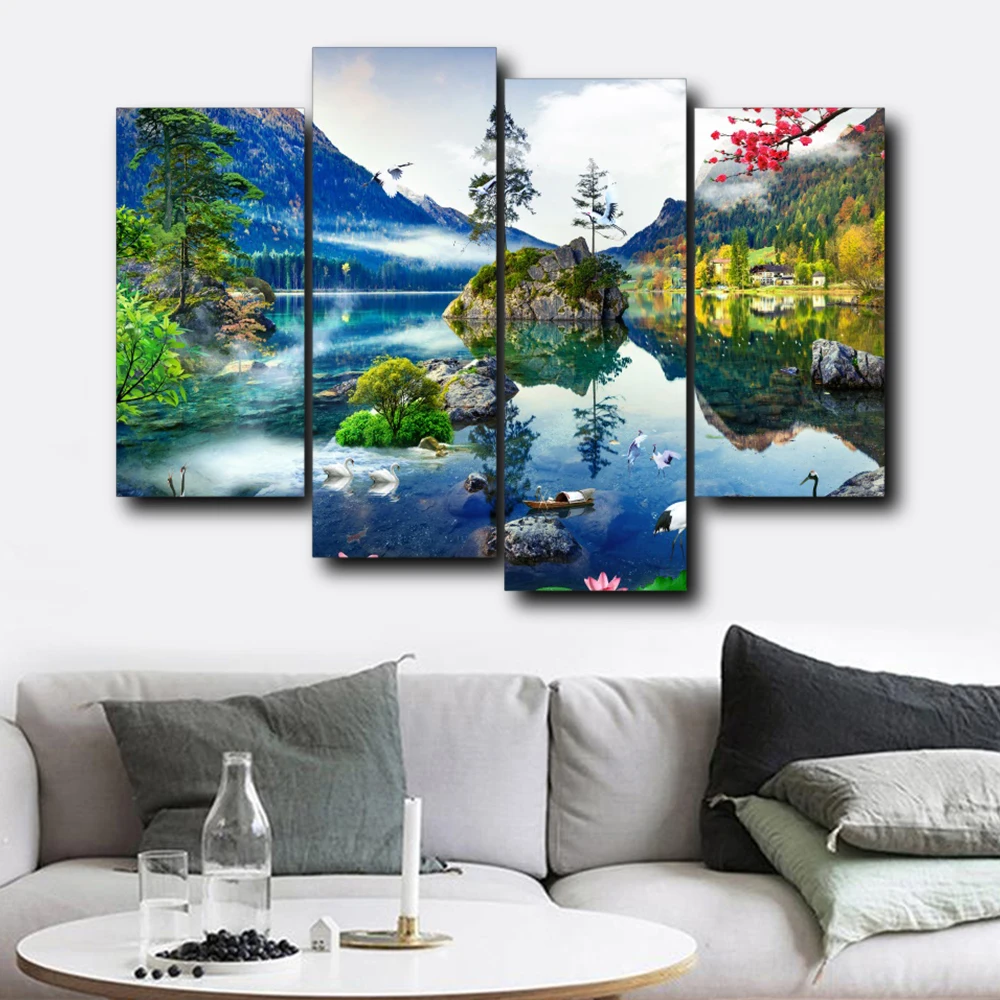 

4 Pcs Nordic Decoration Home Poster and Prints Lake Mountain Forest Canvas Painting Nature Scenery Wall Pictures for Living Room