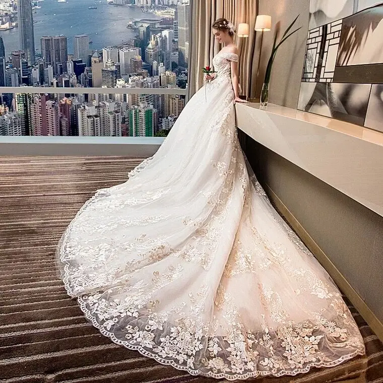 

High Quality Off the Shoulder Lace Dress for Wedding Party 2019 Princess Banquet Bridal Gowns Casamento robe de marigae