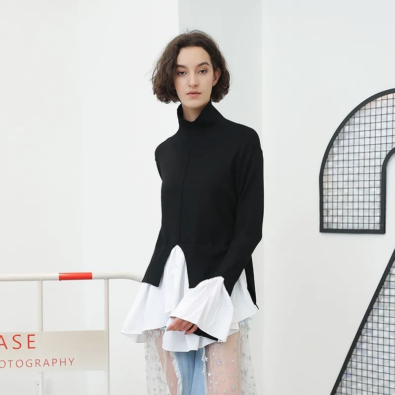 TWOTWINSTYLE Turtleneck Sweater Female Flare Sleeve Irregular Ruffles Patchwork Draped Knitted Pullover Women Autumn Clothing | Женская