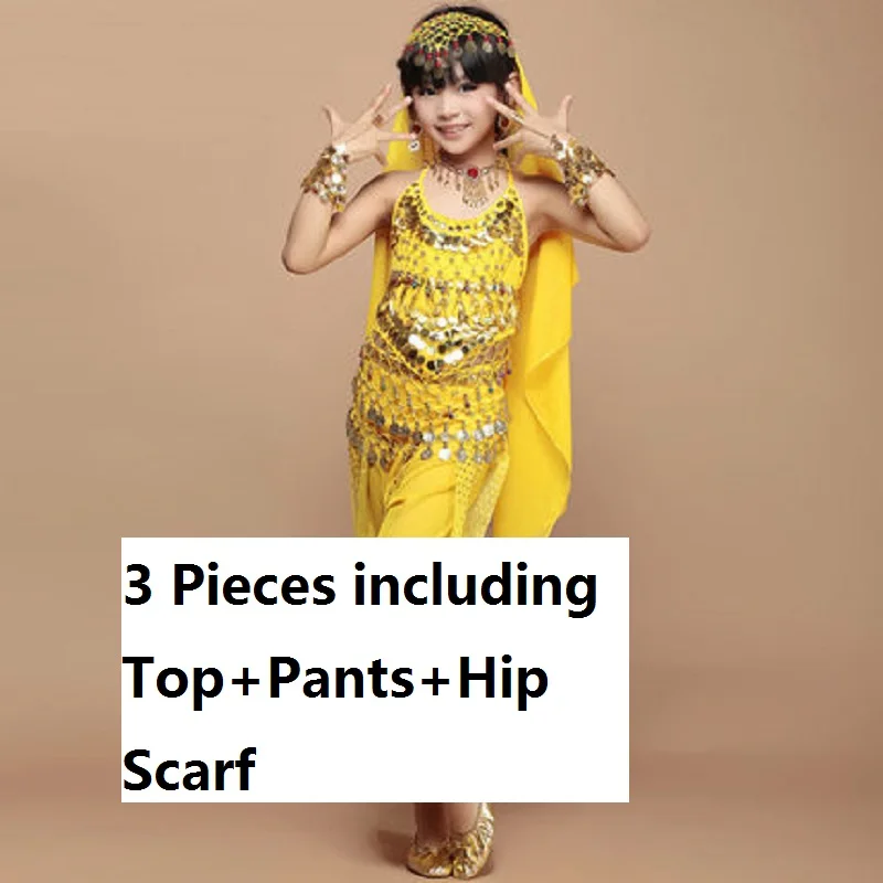 yellow3pcs Восточные костюмы для танца живота, Детский костюм для танца живота, комплект из топа и штанов для девочек, индийское сари, одежда, Болливуд для детей - Цвет: yellow3pcs