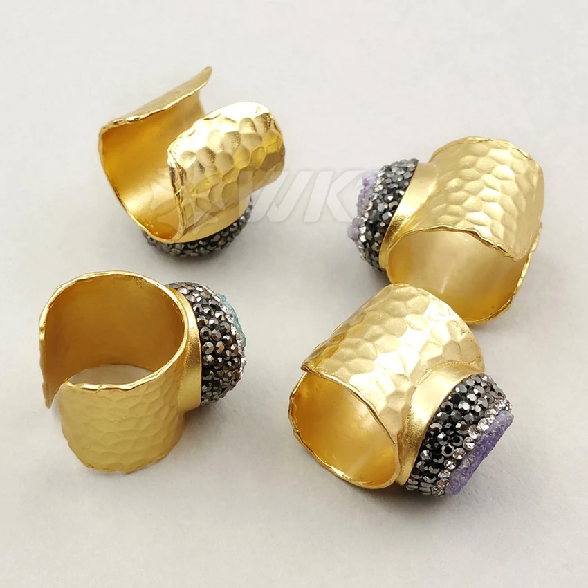 WT-RR010 Wholesale Custom CZ Paved Natural Round Linght Color Druzy Quartz Rings With Gold Adjustable Size For Women | Украшения и