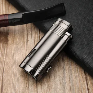 Мощная прямая зажигалка с фонарь мя пламенями, струйная зажигалка, металлическая зажигалка для сигарет, регулируемая Бутановая Зажигалка для сигар, гаджеты для мужчин, подарки