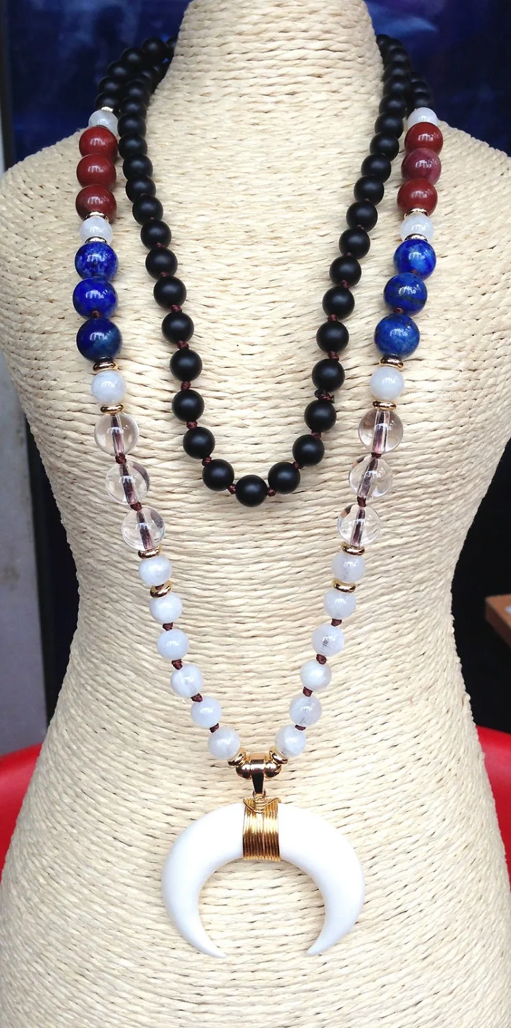 YA2435 Real Cattle Bone Moon Wire Pendant Agates Lapis Beads Knot Handmade Necklace 30inch long | Украшения и аксессуары