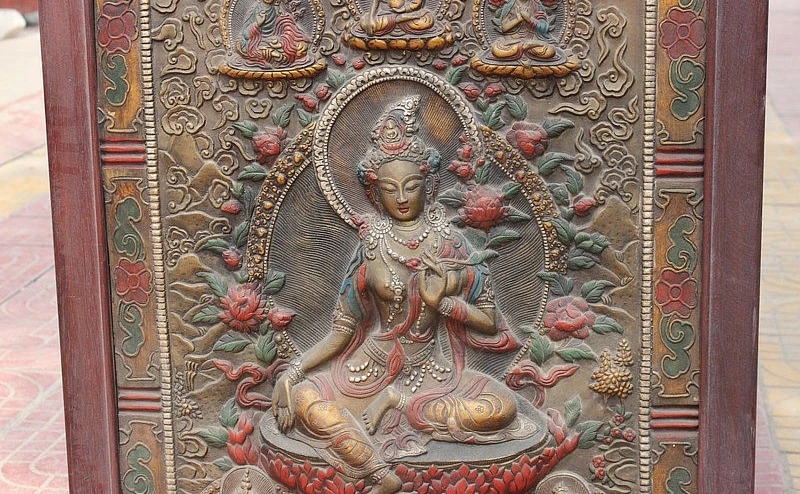 Tibet Wood Painting Green Tara Mahayana Buddhism enlightenment Goddess Thangka |