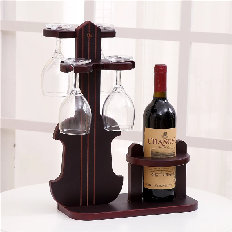 

Creative European-style Wood Violin Shaped Wine Bottle Glass Holder Display Rack, Holds 1 Bottle and 4 Cups