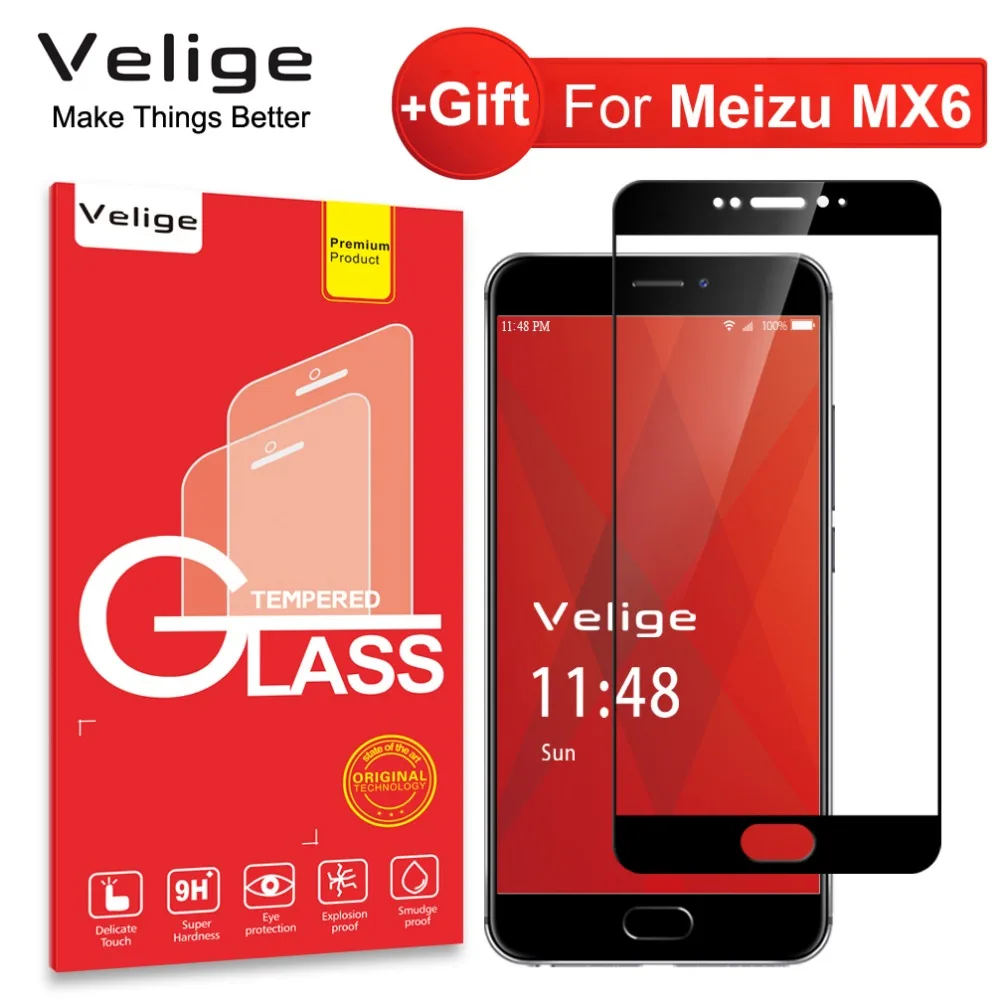 Закаленное стекло Velige с полным покрытием для Meizu MX6 MX 6 защита экрана 0 3 мм