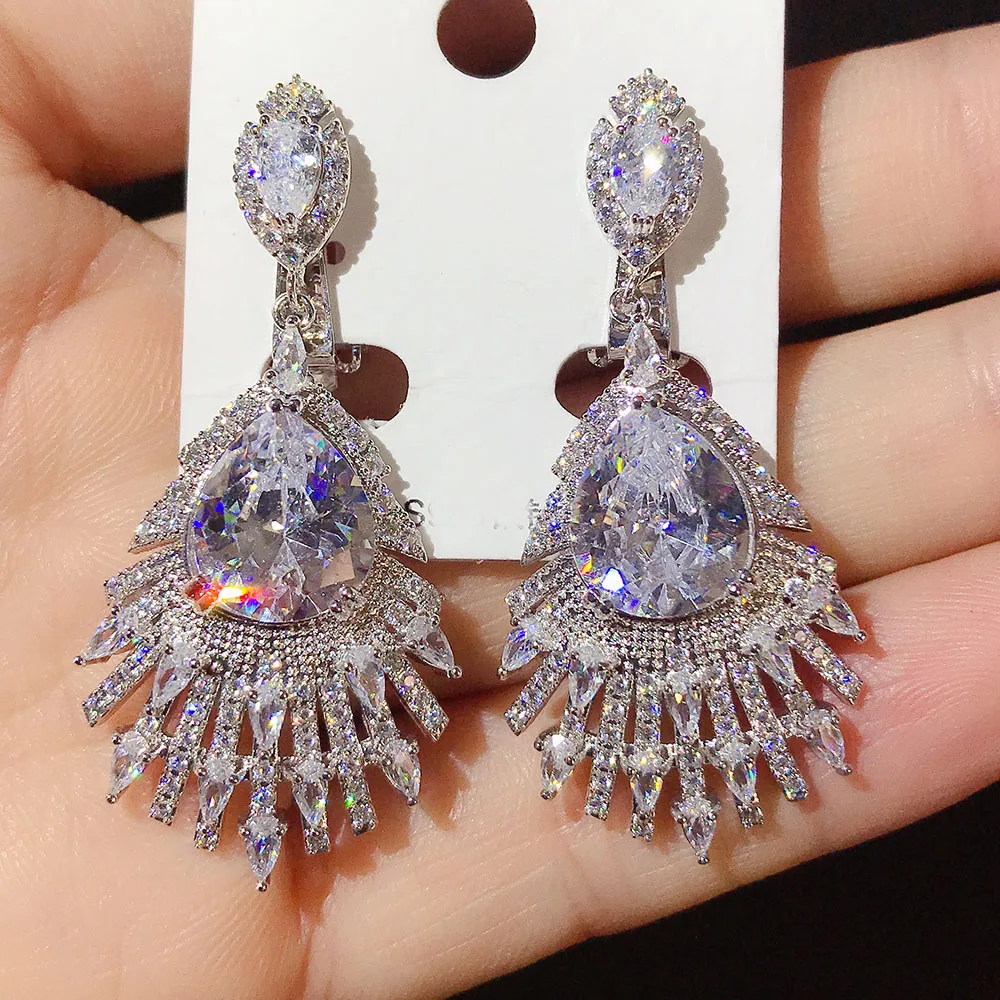 Новые большие серьги-клипсы в форме капли воды с кубическим цирконием без