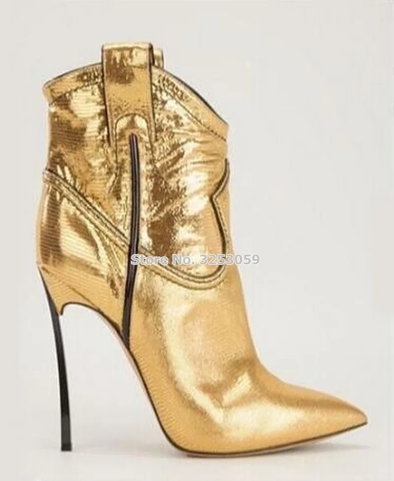 gold as picture ALMUDENA Gold Silver Lizard Pattern Metal Thin High Heels Ankle Boots Pointed Toe Stiletto Heels Dress Pumps Dropship Short Boot - Цвет: gold as picture
