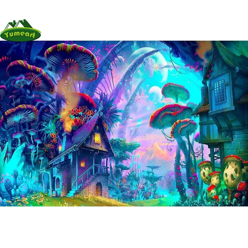 YUMEART абстрактный психоделический лес сделай сам алмазная вышивка гриб дом