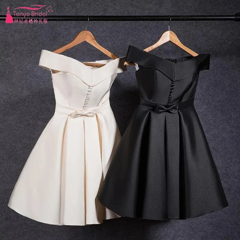 

Champagne Begie Knee Length Bridesmaid Dresses Black Satin Simple Cheap Bridesmaids Dress Gown DQG437 In Stock