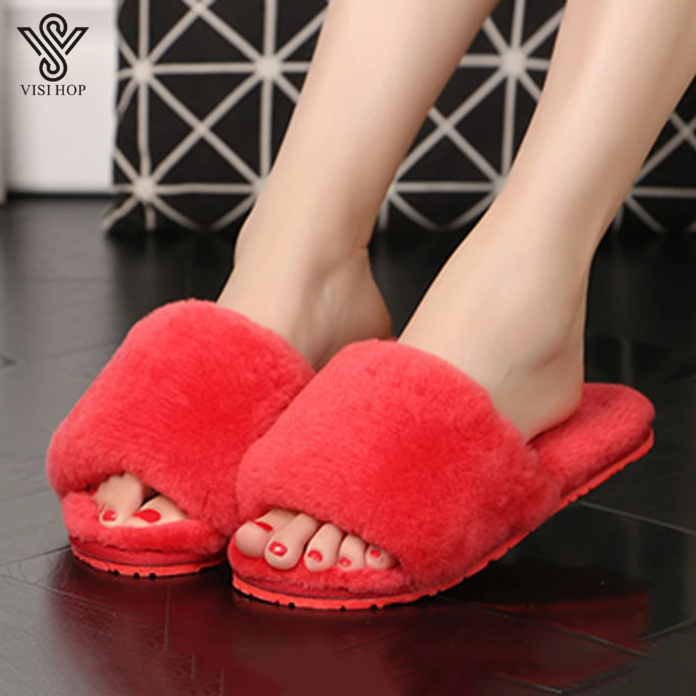 

VS100020 New Arrival Women Real Wool Fur Slippers Warm Slides Sheepskin Sliders Home Indoor Summer Shoes