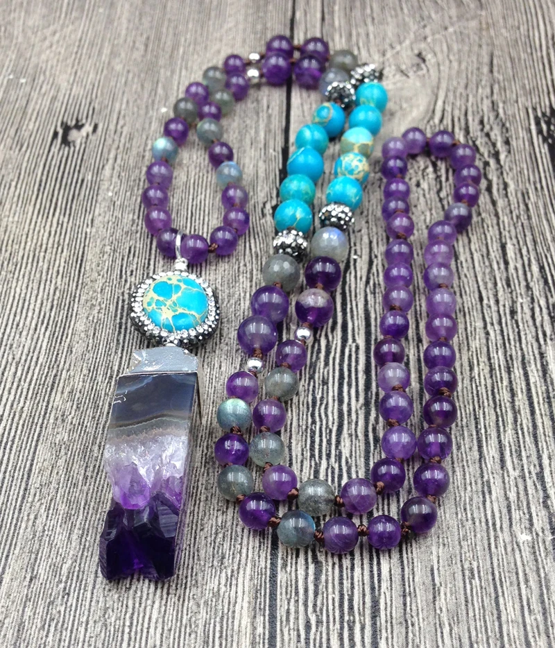 YA2742 108 Mala Beads ожерелье Amethys Druzy камень из осадочной породы кулон Knot Ручная работа