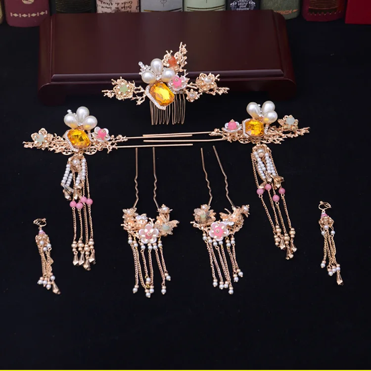 

Новый золотой жемчужный головной убор с кисточками в китайском стиле, винтажный костюм с драконом и Фениксом, аксессуары для свадьбы