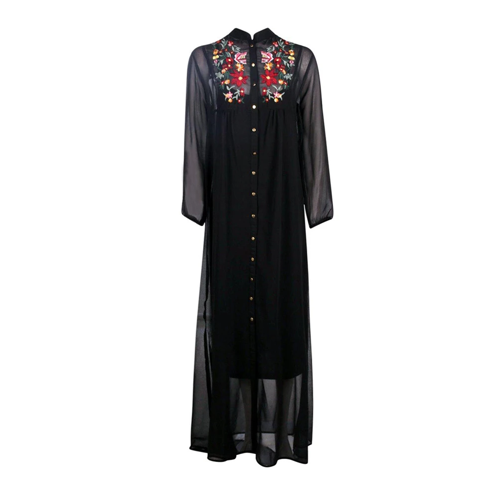 HYH HAOYIHUI Black Loose Shirt Dress Female Vestido Floral Embroidery Casual Boho Women Clothing Chic Basic Vintage| |