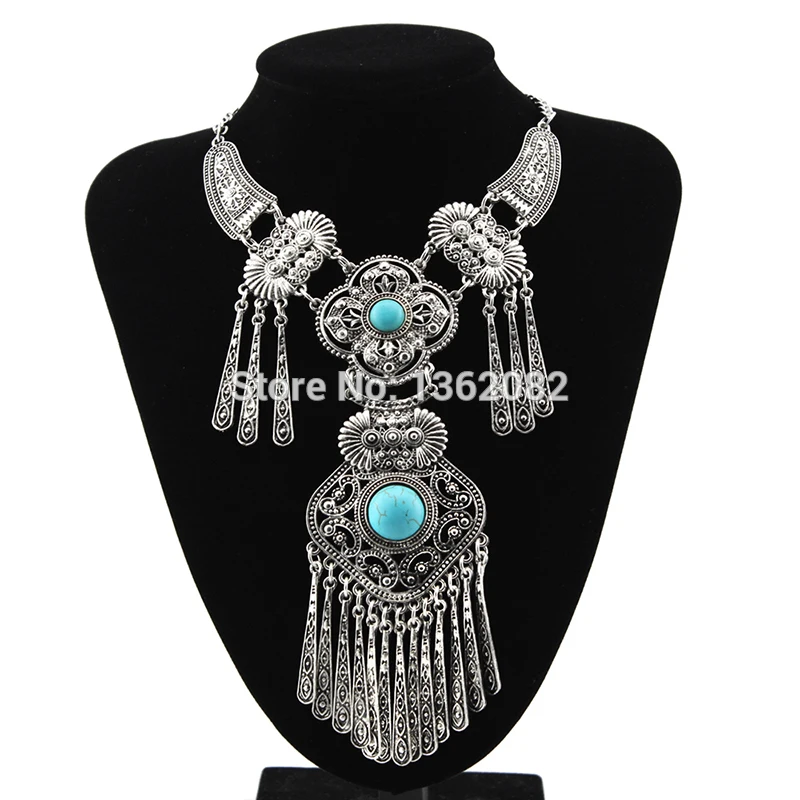SENHUA Long Necklace for Women's Antique Silver Plated Tassels Statement Necklaces Natural Stone Pendant Sweater Chain MN612 | Украшения