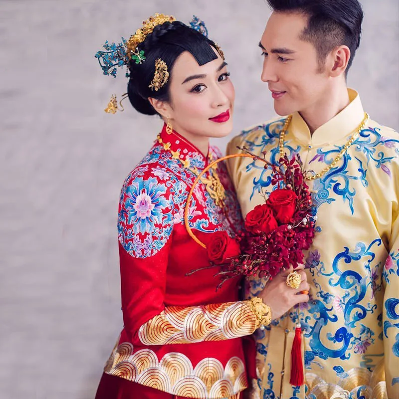 Традиционное китайское свадебное платье Qipao одежда с вышивкой дракона и феникса