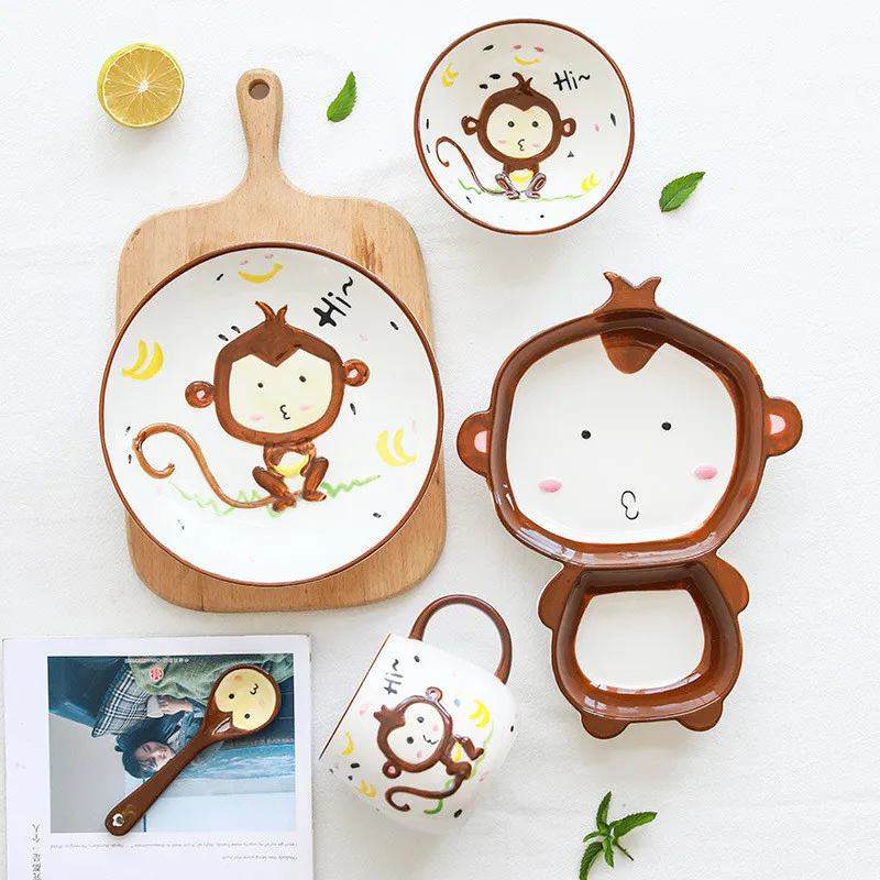 Cute Ceramica Plates Glazed Creative Hand Painted Bowl Spoon Set Breakfast Steak Children's Fruit Plate Animal Dish Cutlery
