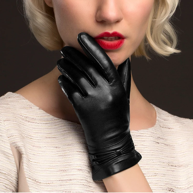 Женские черные перчатки из натуральной кожи, модные перчатки из овчины, зимние Бархатные кожаные перчатки для вождения, горячая Распродажа, NW777-5
