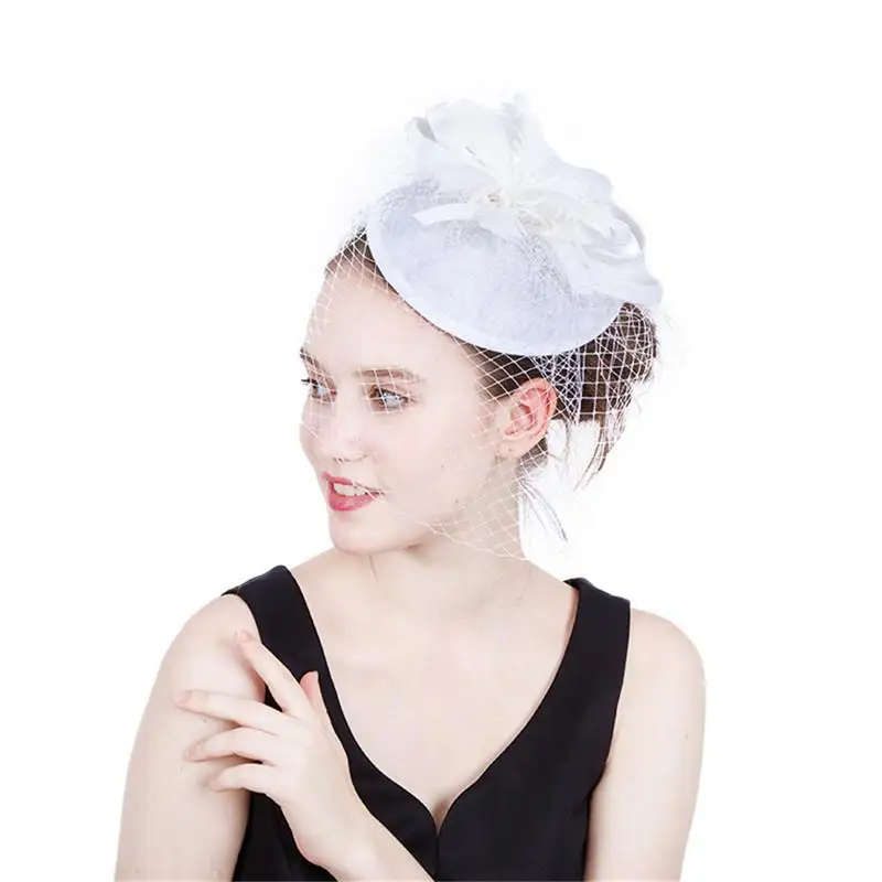 

British Style Vintage Fashion Cotton Mesh White Veil Headband Bridal Feather Flower Wedding Headdress Mysterious Cover Face Veil