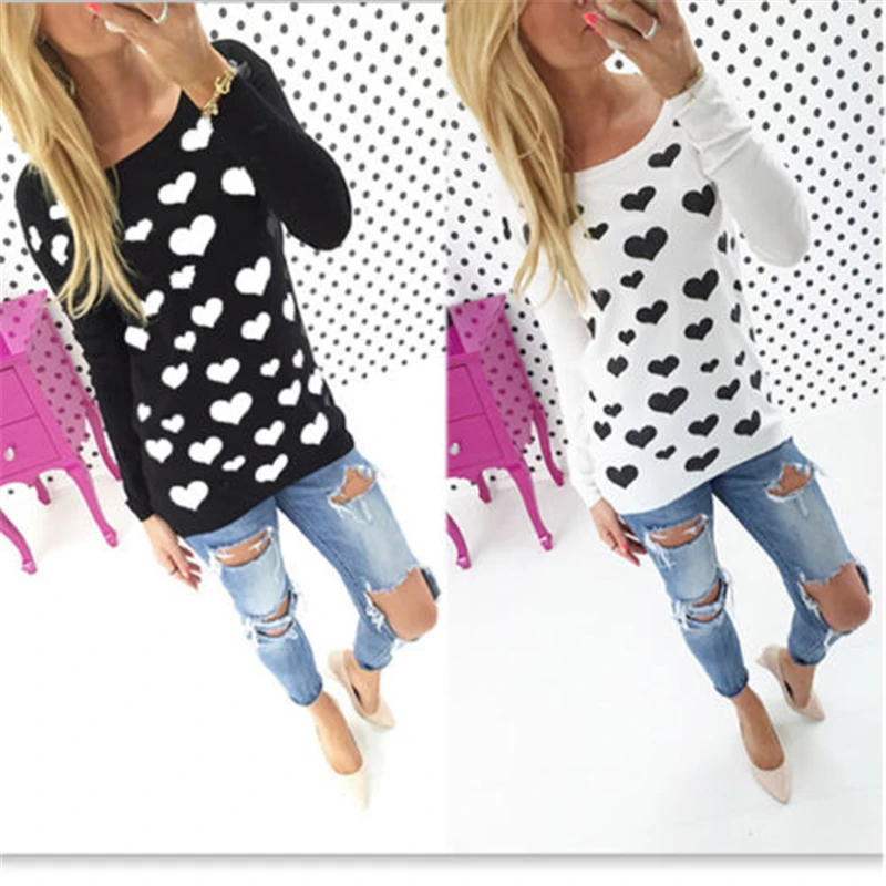 Блузка с длинным рукавом и принтом в форме сердца весна 2017 модная уличная одежда