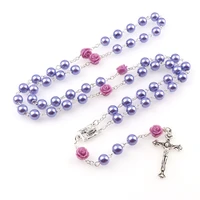 8mm pink purple white color pearl bead rosary necklace holy rosaries necklace with rose flower silver cross lourdes rosary