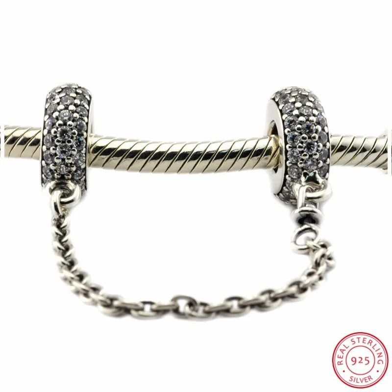 Красивые 925 пробы серебряные цепи безопасности с прозрачными CZ DIY Fit PANDORA Подвески