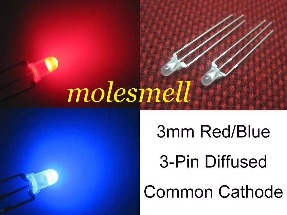 

Free shipping 100pcs 3mm Dual Bi-Color diffused Red/blue Bright 3-Pin Led Common cathode Leds Lamp 3mm R/B 3PIN led