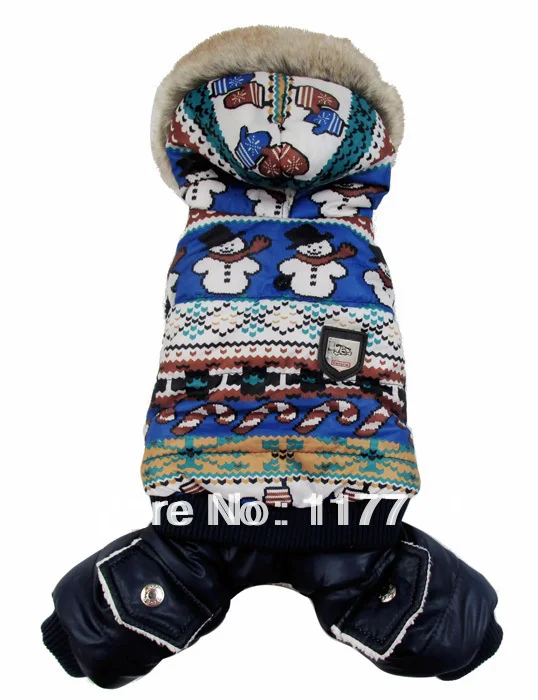 Новое поступление синяя зимняя куртка для собаки с принтом снеговиков