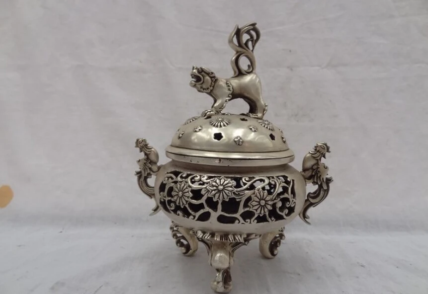 9 &quotКитайская серебряная крышка в виде льва статуя Феникса Тибетский цветок