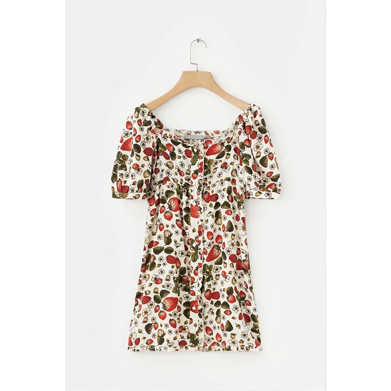 

Vintage ruffles decorate autumn summer print dress women square neck buttons slim waist short sleeve holiday mini dress sale
