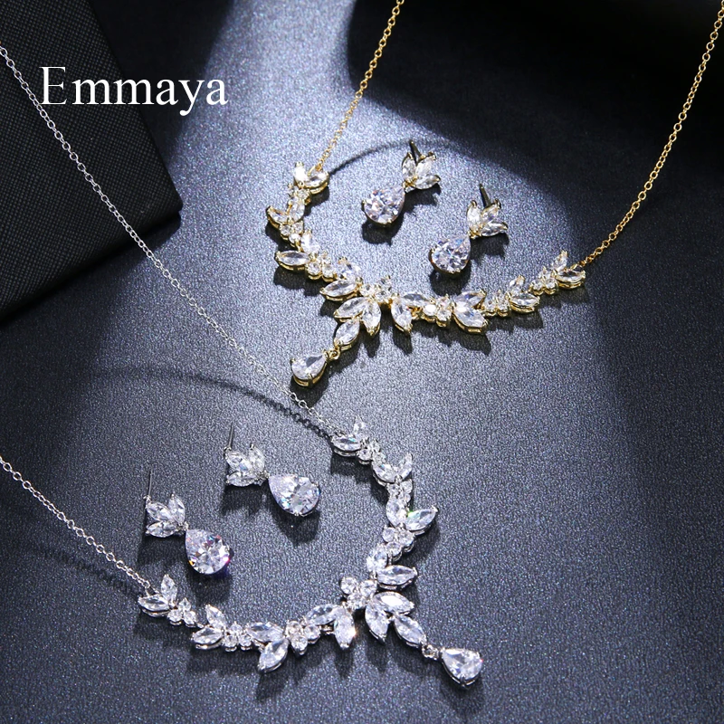 Emmaya Vivid Leaves-shape Dazzling Wedding Costume Accessories CZ Crystal Colorful Gift Earrings And Necklace Jewelry Sets | Украшения и