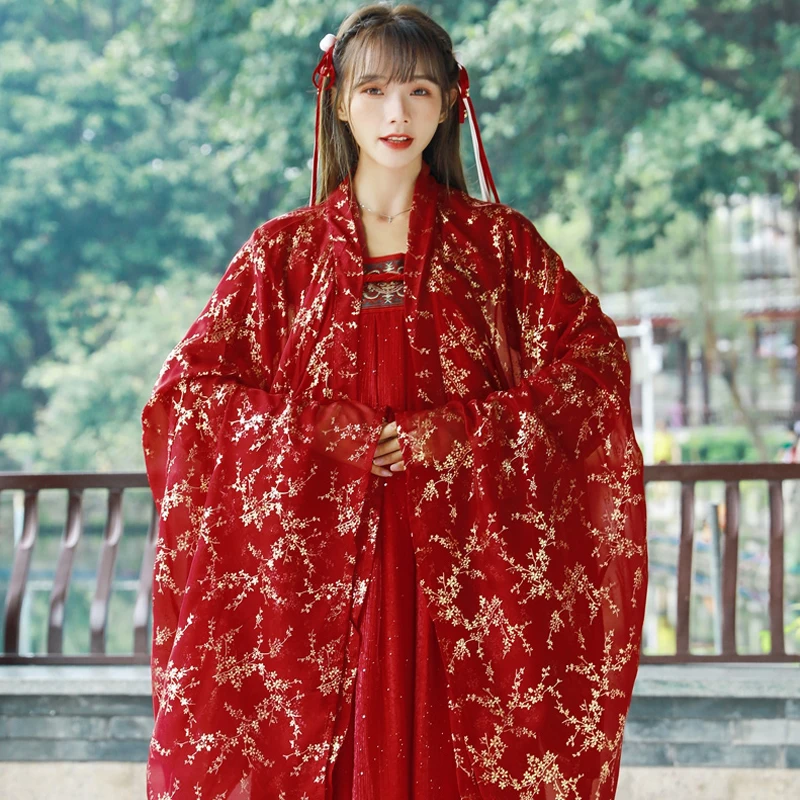 Женский костюм Hanfu черный/красный китайский топ + юбка плащ для косплея танцев